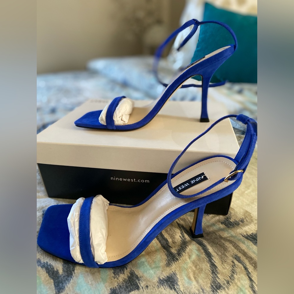 Size 9 blue suede ankle strap has 3 inch heel by 
Nine West